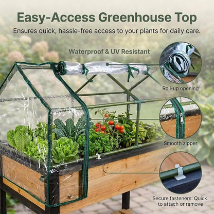 GOJ Raised Garden Bed Wood 48x24x32 inch with Greenhouse & Lockable Wheels - Elevated Wood Planter Box for Outdoors Vegetable Flower Bed Herb Planter - 400 lbs Capacity