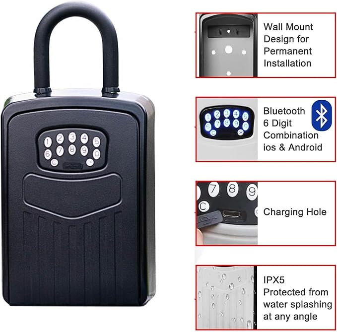 Smart Lock Box for Key with Code, Bluetooth APP Control Key Box Wall Mount and Hanging 2 Install Ways, Digital Lockbox for Keys Outdoor, Hide a Key Outside
