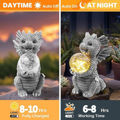 Solar Garden Decorations - Dragon Statue | Crackle Glass Ball Light, Garden Decor for Patio, Yard, Lawn, Pathway, Landescape,Housewarming Gifts for Women Mom Grandmom