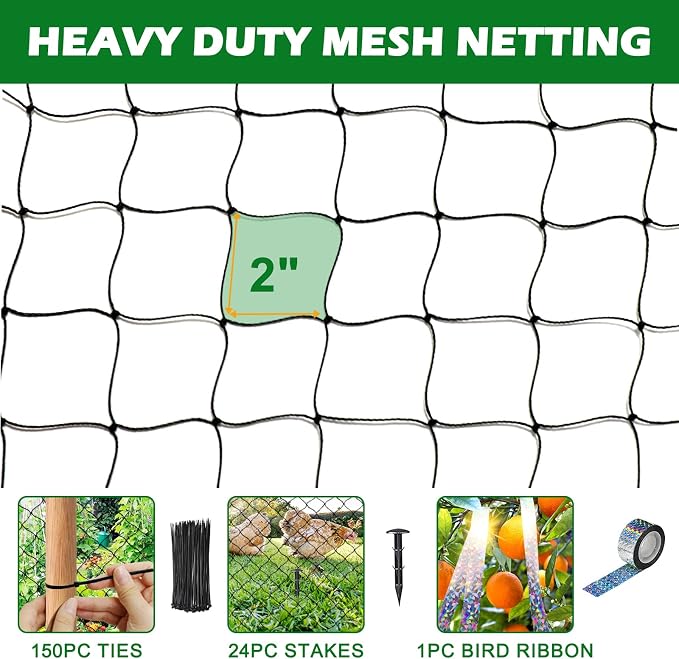 BSTPCOO Chicken Netting Roof Hawk 100'x100' with 2" Mesh, Heavy Duty Bird Nettings for Garden with Birds Scare Tape, Nylon Bird Netting for Chicken Coop, Avian Nettings Deer Fence Fruit Tree Net