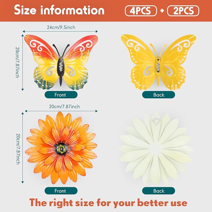 Zhehao 6 Pcs 9.5'' Metal Butterfly Wall Decor 7.8'' Metal Flowers Outdoor Wall Decor Sunflower Outdoor Art Fence Art Decorations for Garden Bedroom Bathroom Decorations