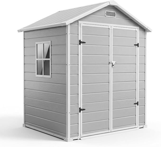 Outdoor Storage Shed with Floor, Plastic Resin Garden Shed with Window & Sloping Roof & Lockable Door for Patio Backyard Garden, Lawn Mower, Bike, Tool Storage (Light Gray, 6' x 4')