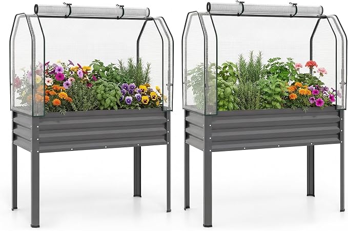 Giantex Raised Garden Bed with Legs & Greenhouse Cover, 44x22x60 Elevated Metal Planter Box with Roll-up Door, Outdoor Mini Greenhouse for Vegetable Flower Herb Patio Balcony (Gray,2)