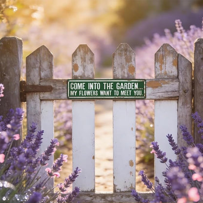 Rustic Metal Tin Sign, Funny Garden Quote Decor, Come into The Garden... Sign, Rustic Farmhouse Wall Art, for Yard Fence Door Porch, Indoor Outdoor Gardening Decoration, 15.7 x 3.9 Inches