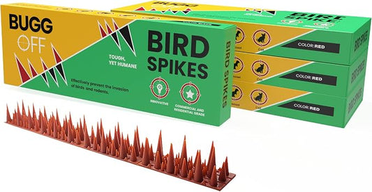 BUGGOFF - Red Plastic Bird & Rodent Spikes, Unique Spike Pattern effecitviely deteres Pesky Pigeons, Squirrels, Raccoons. Installs on Fences, Gates, Roofs, Walls and More! (52.5 Feet)