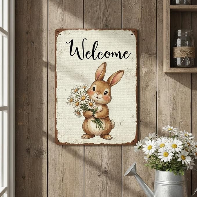 Funny Bunny Tulip Welcome Metal Sign Easter Spring Decor Rabbit Lovers Gift Rustic Farmhouse Wall Art For Home Porch Entryway 8x12Inch