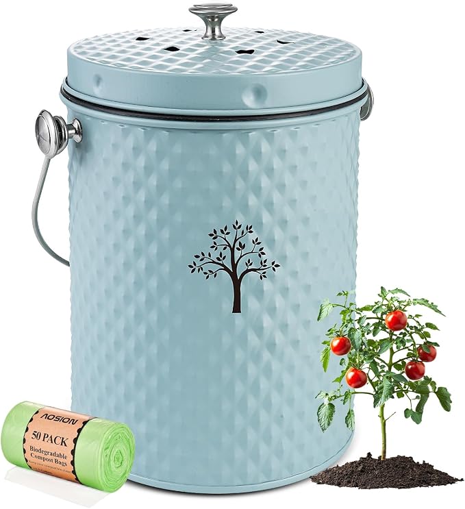 AOSION Countertop Kitchen Odorless Compost Bin with Removable Inner Bucket | 1 Gallon Composter Container,Includes 50 Compost Bags,2 Carbon Filters,Compost Bucket, ideal for food scraps,coffee grounds