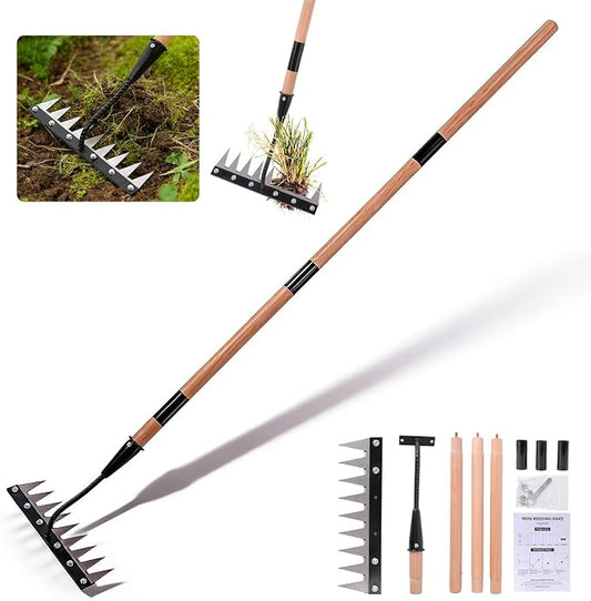 Gardenia 9-Tine Iron Weeding Rake, Heavy Duty Weed Puller for Garden Soil | Carbon Steel, 3 Adjustable Wooden Handle Lengths 31"-63", for Lawn, Yard & Farm Weeding, Soil Loosening, Debris Clearing