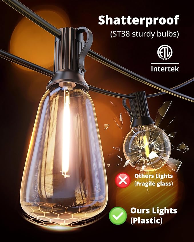 Outdoor String Lights 50FT, Patio Lights Outdoor Waterproof with 27 Bulbs | Shatterproof ST38 Edison Bulbs, Outside Hanging Light for Porch, Garden, Backyard, Deck, Balcony, Decor, 2700K Dimmable