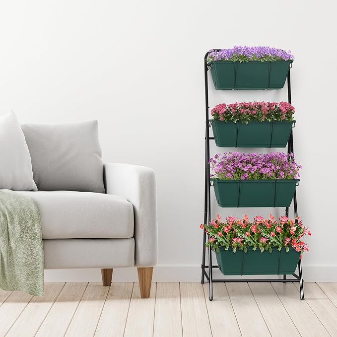 Vertical Raised Garden Bed 4 Tier Garden Planter for Outdoor Plants Standing Garden Planters with Drainage Holes Removable Tray for Herbs Flowers Vegetables Plants (Green)