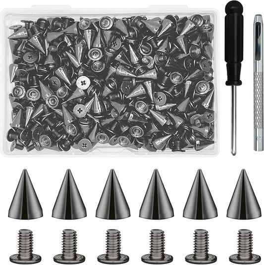 200 Sets 9.5mm Cone Spikes Metal Tree Spikes Screwback Studs for DIY Leathercraft Decoration Punk Rock Style Clothing Accessories (Gun Metal)