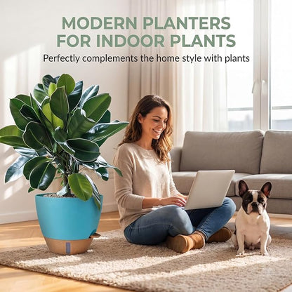 Ecolley Plant Pots 8/10/12 Inch Self Watering Pots, Set of 3 Plastic Planters with Drainage Holes and Saucers,Plastic Flower Pots,Nursery Planting Pot for Indoor Out Door PlantsBlue Green | Plastic Planters, Drainage Holes and Saucers, Indoor Outdoor U...