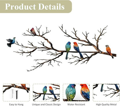 ESTART Metal Birds Wall Art, Metal Vivid Birds on Branch Silhouette Wall Decor Black Leaves with Bird Outdoor Hanging Wall Sculpture for Home Balcony Garden (Classic Color, Small)