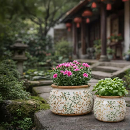 Vintage Ceramic Flower Pots - Indoor Outdoor Planters with Drainage Holes & Filter Screen, 6.5’’& 9’’ Rustic Farmhouse Decorative Plant Pots for Garden/Patio (Bicolor Vines, Small to Large Bundle)