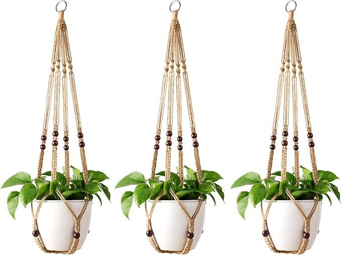 Mkono Macrame Plant Hanger Indoor Hanging Planter Basket with Wood Beads Decorative Flower Pot Holder No Tassels for Indoor Outdoor Boho Home Decor 35 Inch, Brown, Set of 3 (POTS NOT Included)