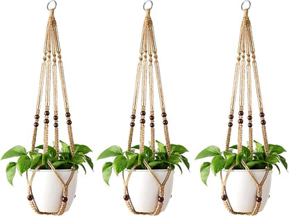 Mkono Macrame Plant Hanger Indoor Hanging Planter Basket with Wood Beads Decorative Flower Pot Holder No Tassels for Indoor Outdoor Boho Home Decor 35 Inch, Brown, Set of 3 (POTS NOT Included)