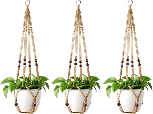 Mkono Macrame Plant Hanger Indoor Hanging Planter Basket with Wood Beads Decorative Flower Pot Holder No Tassels for Indoor Outdoor Boho Home Decor 35 Inch, Brown, Set of 3 (POTS NOT Included)