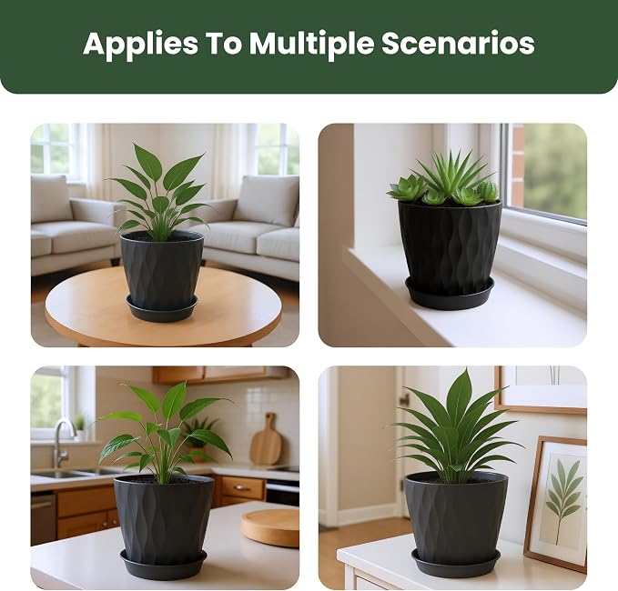 Plant Pots, Plastic Flower Pots for Indoor & Outdoor Plants, Planters with Drainage Holes and Saucer, Garden Pot for Plants (Black 7/6.5/6/5.5/5/4.5/4 inch)