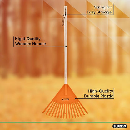 Leaf Rake, Orange Kid Size Leaf Collector, Bulk Pack Gardening Rake, 24-Pack Plastic Rakes with Wood Handle, by Superio
