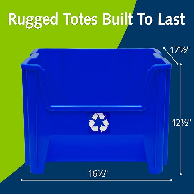 READYSPACE Commercial Industrial Heavy Duty Stackable Open-Front Recycling Bin Box Containers, 12 Gallon, 2 Pack, Blue
