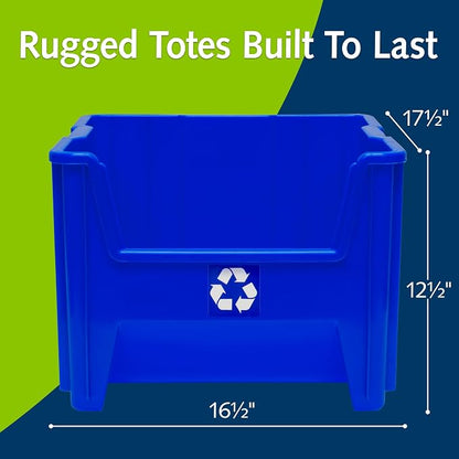 READYSPACE Commercial Industrial Heavy Duty Stackable Open-Front Recycling Bin Box Containers, 12 Gallon, 2 Pack, Blue