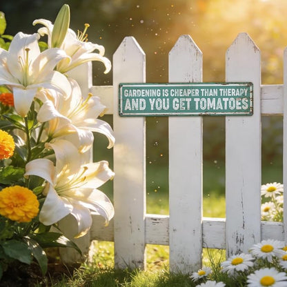 Garden Metal Tin Sign, Funny Garden Decor, Vintage Farmhouse Wall Art, Gardening Is Cheaper Than Therapy Sign, for Yard Fence Door Porch, Indoor Outdoor Gardens Decoration, 15.7 x 3.9 Inches