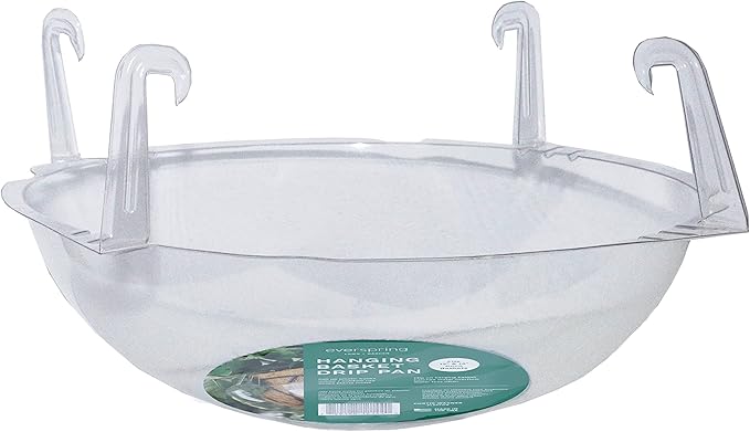 Curtis Wagner Plastics Wire Coco Hanging Basket Drip Pans (5-Pack) | Clear, Round (Top 12” - 14", Depth 3.75") Hanging Plant Tray Saucer with Built-in Hooks & Water Catcher for Indoor & Outdoor