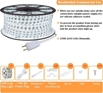 SURNIE 150ft LED Rope Lights Outdoor Waterproof: 110V Daylight White Dimmable Flat Strip Light 6500K Cuttable Connectable for Stairs Deck Backyards Commercial Indoor Outdoor Lighting, Not Tube Rope