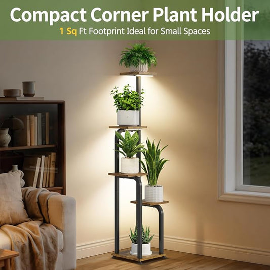 LASZOLA 5 Tiered Plant Stand Tall for Indoor Corner with Grow Lights, Modern Multiple Flower Display Rack with Wooden Tray, Vertical Planter Shelf for Living Room Bedroom Patio Garden Balcony, Black