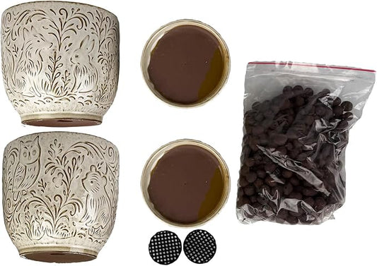 Decorative Ceramic Planter Pot with Saucer, Brown with Gold and Silver Owl Pattern, Indoor Garden Container with Drainage (White, 6 inch)