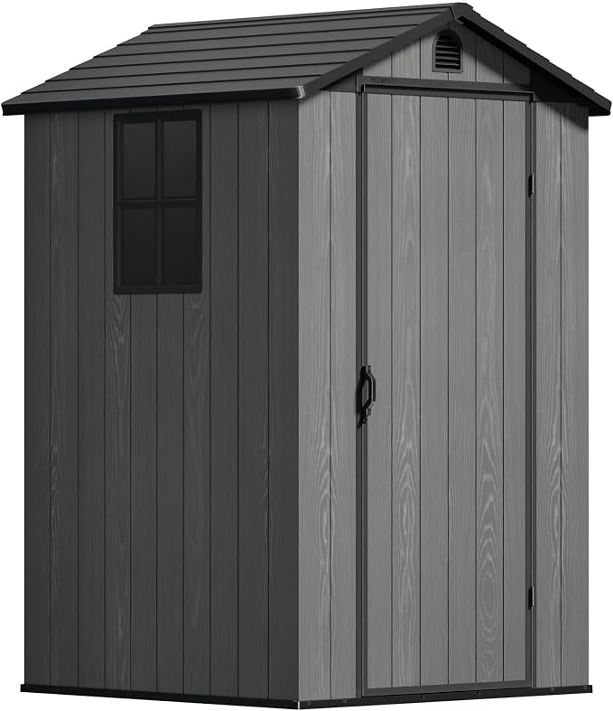 Devoko 4×4 FT Resin Storage Sheds with Floor, Plastic Outdoor Tool Shed with Windows, Waterproof Outside Sheds and Lockable Doors for Backyard Lawn Garden, Dark Gray