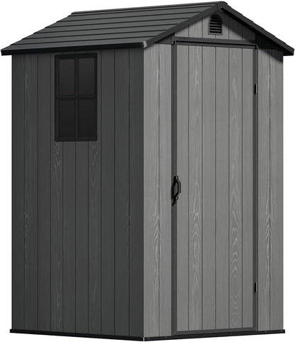 Devoko 4×4 FT Resin Storage Sheds with Floor, Plastic Outdoor Tool Shed with Windows, Waterproof Outside Sheds and Lockable Doors for Backyard Lawn Garden, Dark Gray