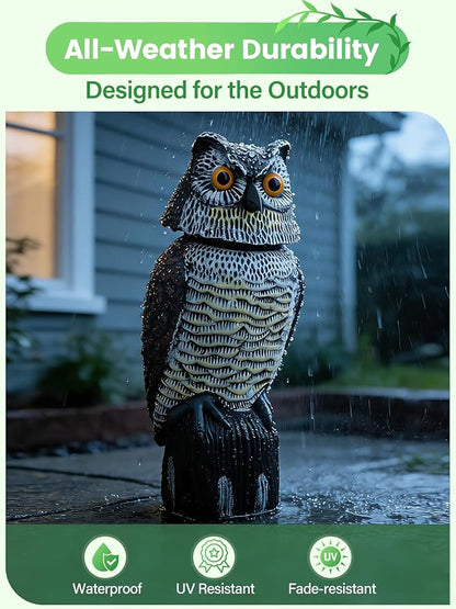 Owl Decoys to Scare Birds Squirrels Away, 360 Rotating Head Activated, Fake Owl Statues Repellent Pest Hawk Squirrel Cats Chickens Pigeon Bird Deterrents for Outside Garden Patios Backyard