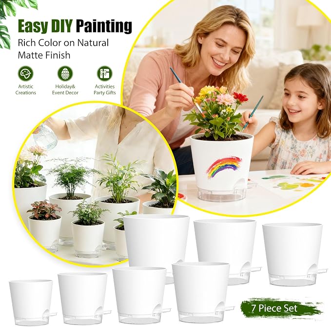 Plant Pots 4/5/5.5/6/6.5/7/8 Inch Self Watering Pots, 7 Pack Plastic Planters with Drainage Holes and Clear Saucers,Plastic Flower Pots,Nursery Planting Pot for Indoor Out Door Plants(White)