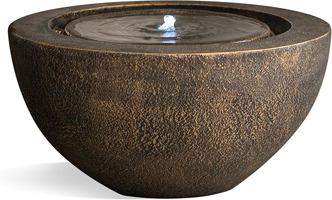 XBrand 9.65" H Round Sphere Water Fountain Indoor/Outdoor with LED Light, Polyresin Bubbler Feature for Patio, Yard, Home Décor - Bronze, Tranquil Serene Garden Accent