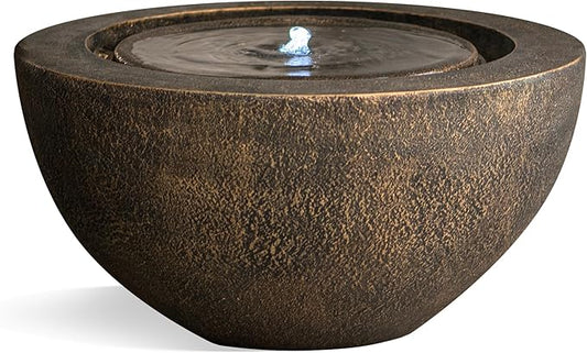XBrand 9.65" H Round Sphere Water Fountain Indoor/Outdoor with LED Light, Polyresin Bubbler Feature for Patio, Yard, Home Décor - Bronze, Tranquil Serene Garden Accent
