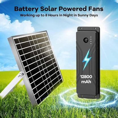 Solar Powered Fan with Battery, Rechargeable Solar Fan for Chicken Coop, Greenhouse, Shed, Outside with Two IPX7 Waterproof Exhaust Intake Fans 16.5Ft On/Off Switch Cable