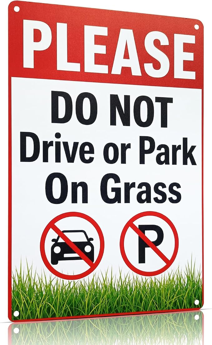 Do Not Park on Grass Tin Sign, 12 x 8 Inch Lawn Notice Aluminum Metal Wall Decor, No Driving Parking Sign for Yard, Driveway, Gate, Fence