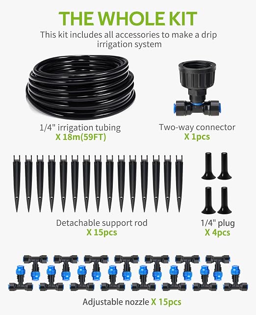 HIRALIY 59FT Drip Irrigation Kit, Quick-Connect Garden Watering System with 15 Adjustable Misting Nozzles and 1/4 in Tubing for Greenhouse, Hanging Plants, Raised Beds & Patio Containers