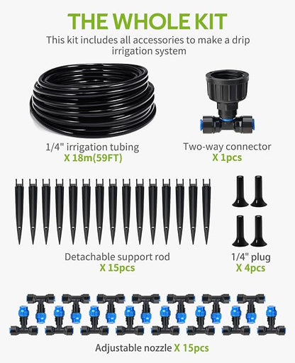 HIRALIY 59FT Drip Irrigation Kit, Quick-Connect Garden Watering System with 15 Adjustable Misting Nozzles and 1/4 in Tubing for Greenhouse, Hanging Plants, Raised Beds & Patio Containers