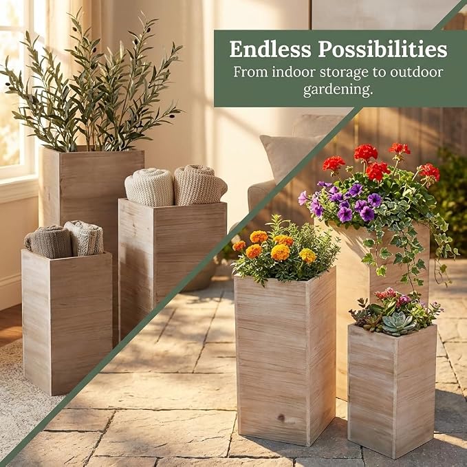 Anderson's Square Wooden Garden Planters Set – Rustic 3‑Piece Wood Planter Collection for Weddings, Patios, Backyards, Seasonal Décor & Modern‑Farmhouse Styling (Small 15", Medium 21", Large 26.75")