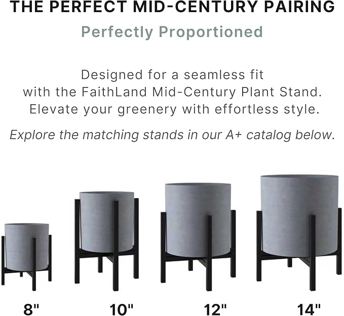 FaithLand 12 Inch Fiberstone Planter - Lightweight Modern Cylinder Plant Pot with Drainage Hole & Plug, Authentic Concrete Look, Gray