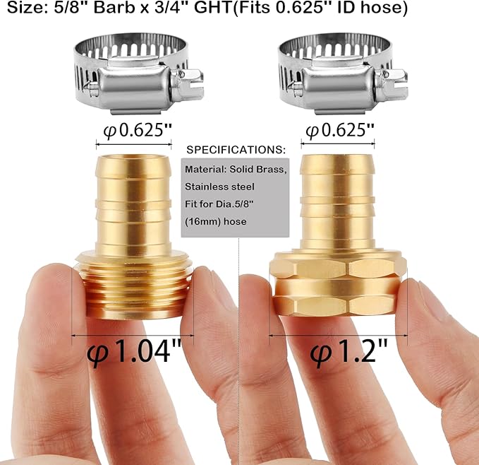 4 Set Brass Garden Hose Repair Connector Kit with Clamps, Fit for 5/8" Garden Hose Fitting,5/8'' Barb x 3/4'' GHT Garden Hose Adapter/Fittings, Water Hose Repair Kit