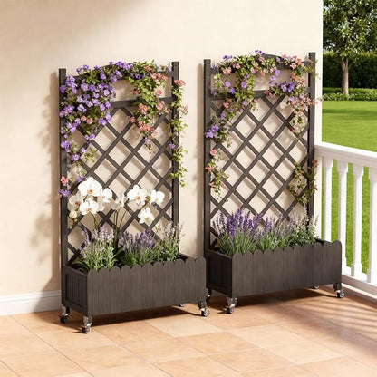 COMHOMA 2 Pack Planter Box with Trellis and Wheels, 48In Elevated Raised Garden Bed, Drainage Holes, Outdoor Lattice for Climbing Flowers, Vegetables, Patio Balcony, Brown