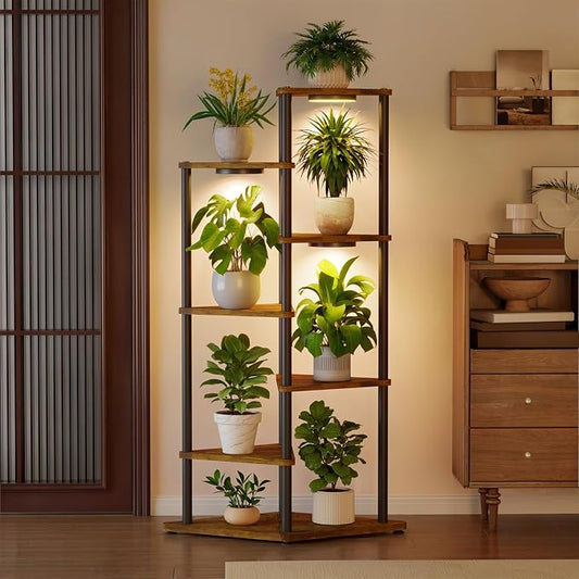 iDavosic.ly Tall Plant Stand with Grow Lights for Large & Heavy Duty Planters, 6 Tier Indoor Corner Flower Shelf with Wooden Trays & Metal Frame, Orchid Rack for Living Room Balcony, Black & Brown