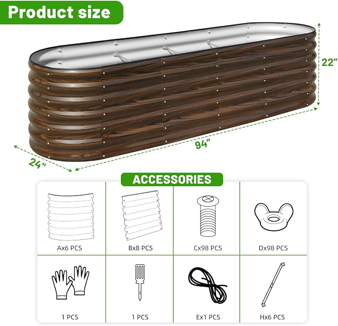 SnugNiture 8x2 ft Oval Raised Garden Bed - 22" Tall Galvanized Steel Planter Box for Vegetables, Herbs, Flowers | Easy Assembly with Support Rods, Brown