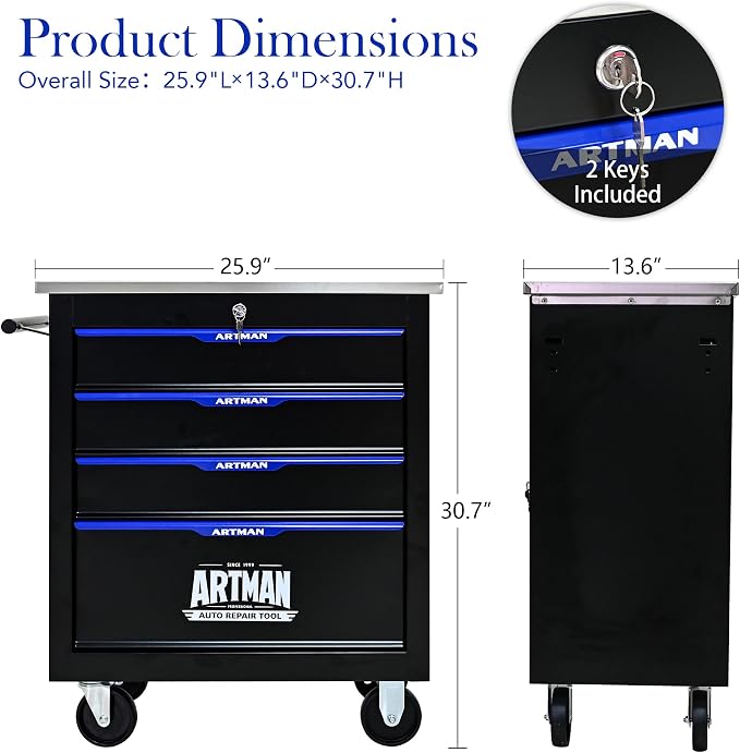 4-Drawer Rolling Tool Chest, Lockable Stainless Top for Garage, Black&Blue | Heavy Duty Modular Roll Around Tool Cabinet with Drawers for Workshop and Tool Box Storage