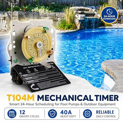 T104M Pool Timer Mechanism Only, 24-Hour Mechanical Timer Switch for Pump | 208-277V 40A 24 Hour 12 ON/Off Pool pump timer and mechanical pool timer for pumps and heaters