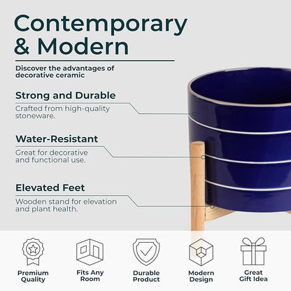 Striped Ceramic Planters with Wooden Stand for Home Decor Flower Pots for Entryway, Patio, Tabletop, and Garden - Colorful Decorative Pots for Indoor and Outdoor Plants - 9", Blue & Tan