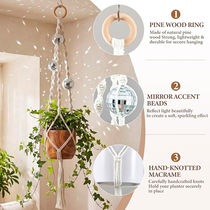 Shappy 1 Pack Boho Macrame Plant Hanger, Large Hanging Planter Plant Holder Pot Hanger Hanging Basket Wall Planters, Plants Lover Gift for Indoor Garden (Disco Ball,White)